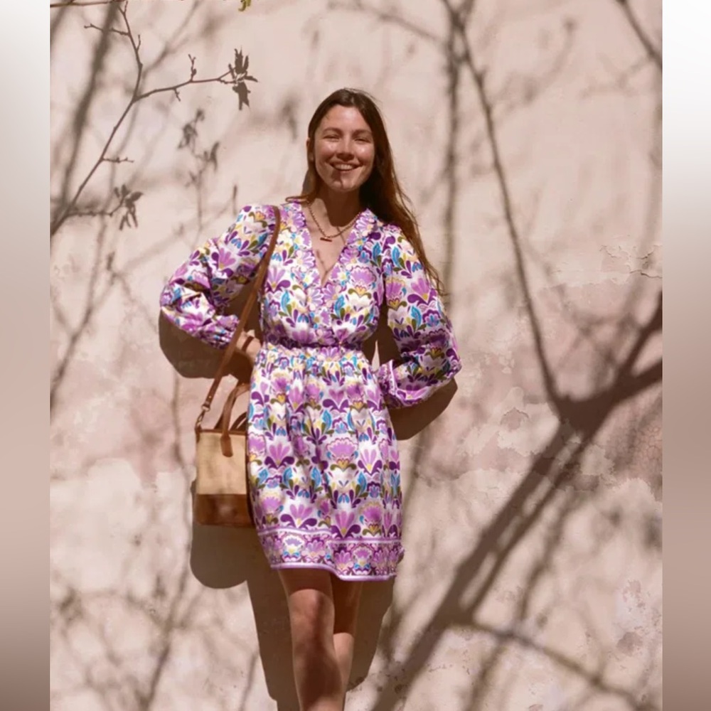 Boden Mya Floral Long Sleeve Cotton Smocked Mini Dress- NWT Sz 4
